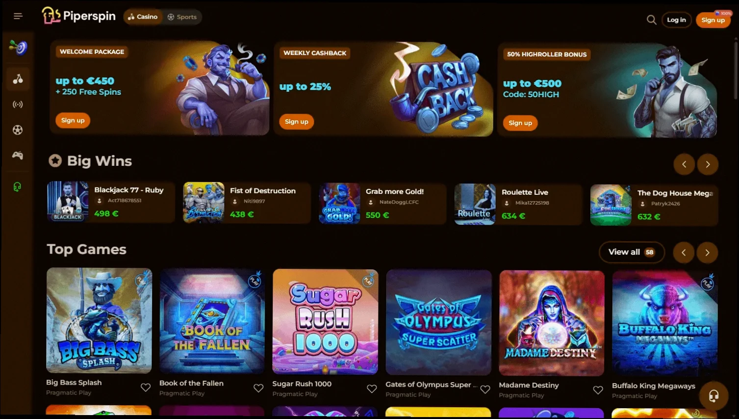 Piperspin casino welkomstbonus 200% tot €1.000 plus 150 gratis spins
